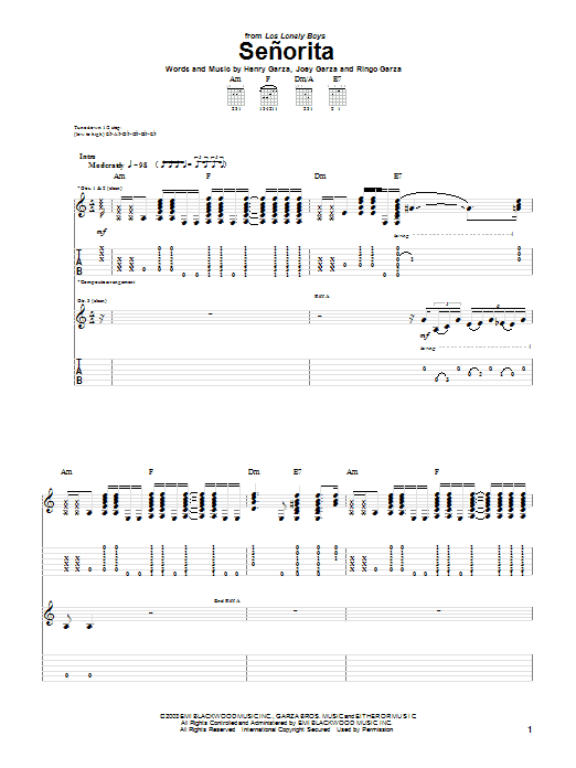 Los Lonely Boys Señorita sheet music notes and chords. Download Printable PDF.