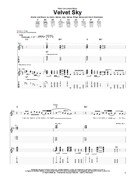 Los Lonely Boys Velvet Sky sheet music notes and chords. Download Printable PDF.