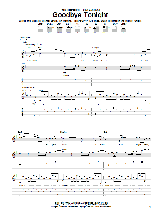 Lostprophets Goodbye Tonight sheet music notes and chords. Download Printable PDF.