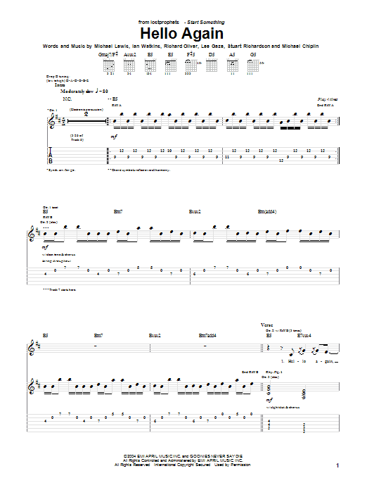 Lostprophets Hello Again sheet music notes and chords. Download Printable PDF.