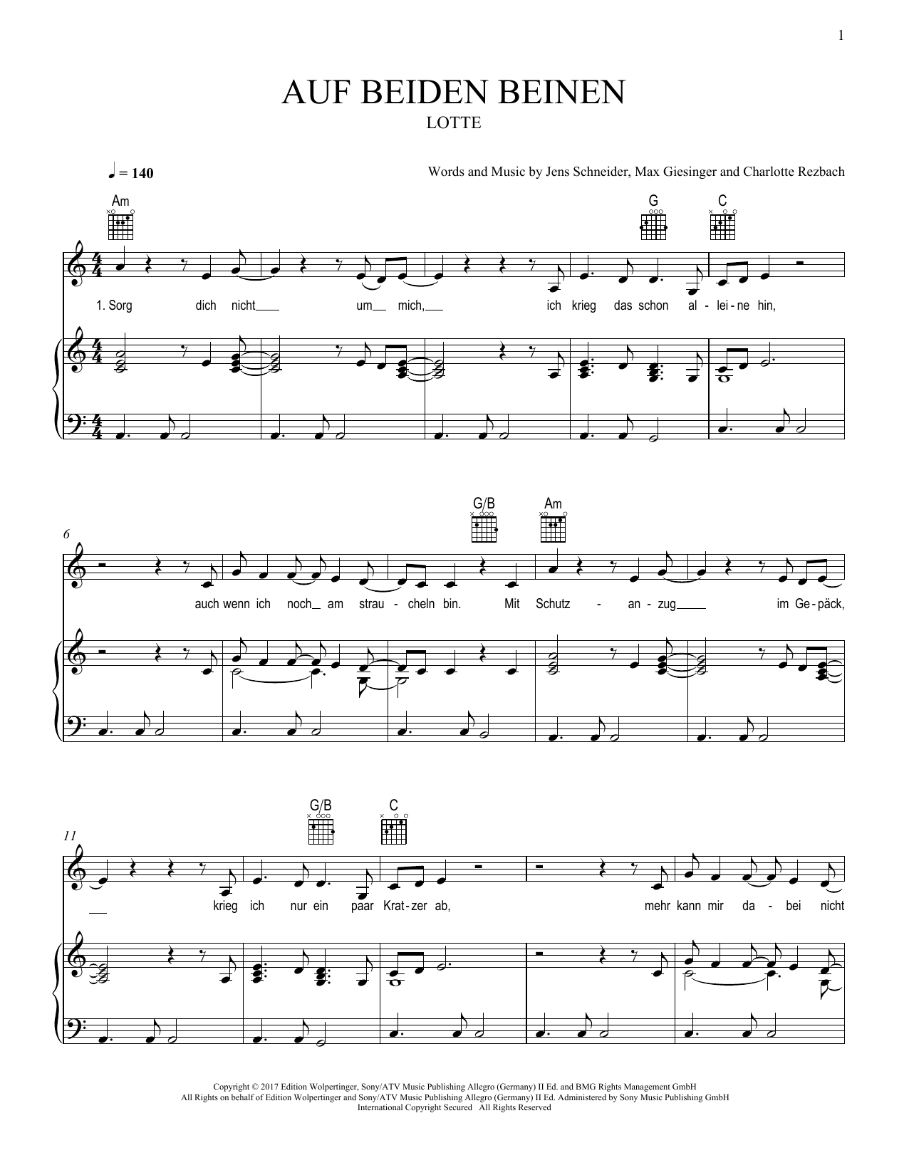 LOTTE Auf beiden Beinen sheet music notes and chords. Download Printable PDF.