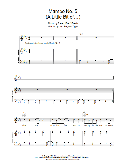 Lou Bega Mambo No. 5 (A Little Bit Of...) sheet music notes and chords. Download Printable PDF.