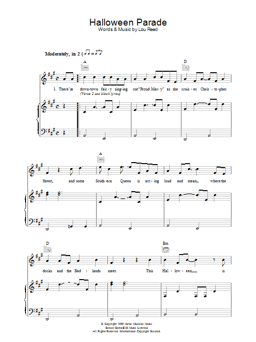 Lou Reed Halloween Parade sheet music notes and chords. Download Printable PDF.