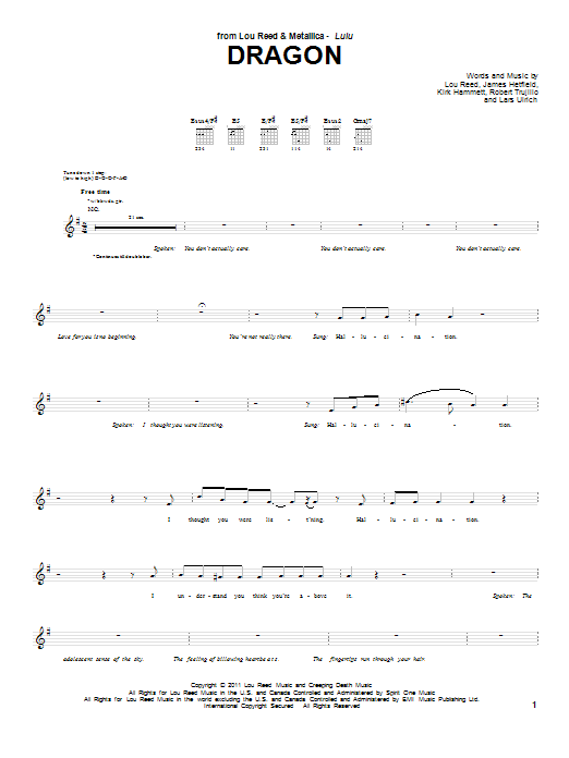 Lou Reed & Metallica Dragon sheet music notes and chords. Download Printable PDF.