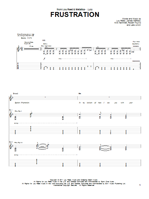 Lou Reed & Metallica Frustration sheet music notes and chords. Download Printable PDF.