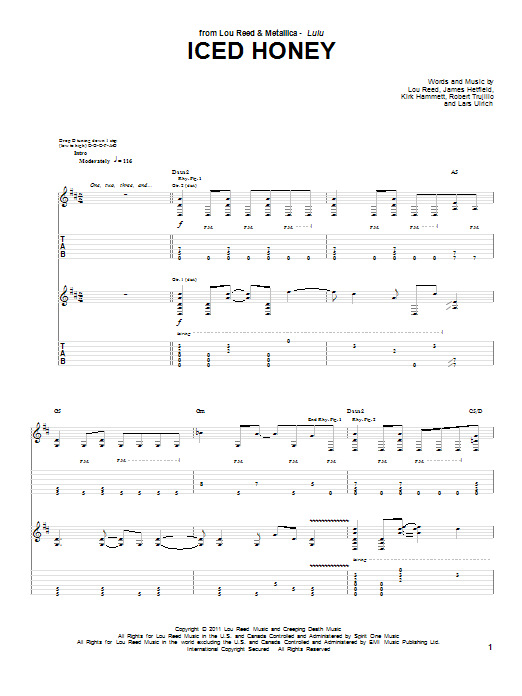 Lou Reed & Metallica Iced Honey sheet music notes and chords. Download Printable PDF.