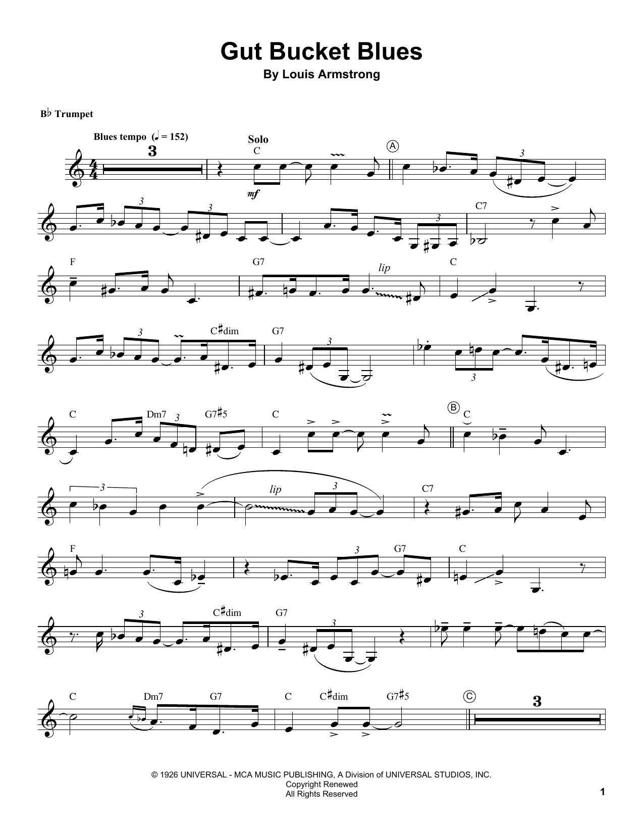 Louis Armstrong Gut Bucket Blues sheet music notes and chords. Download Printable PDF.