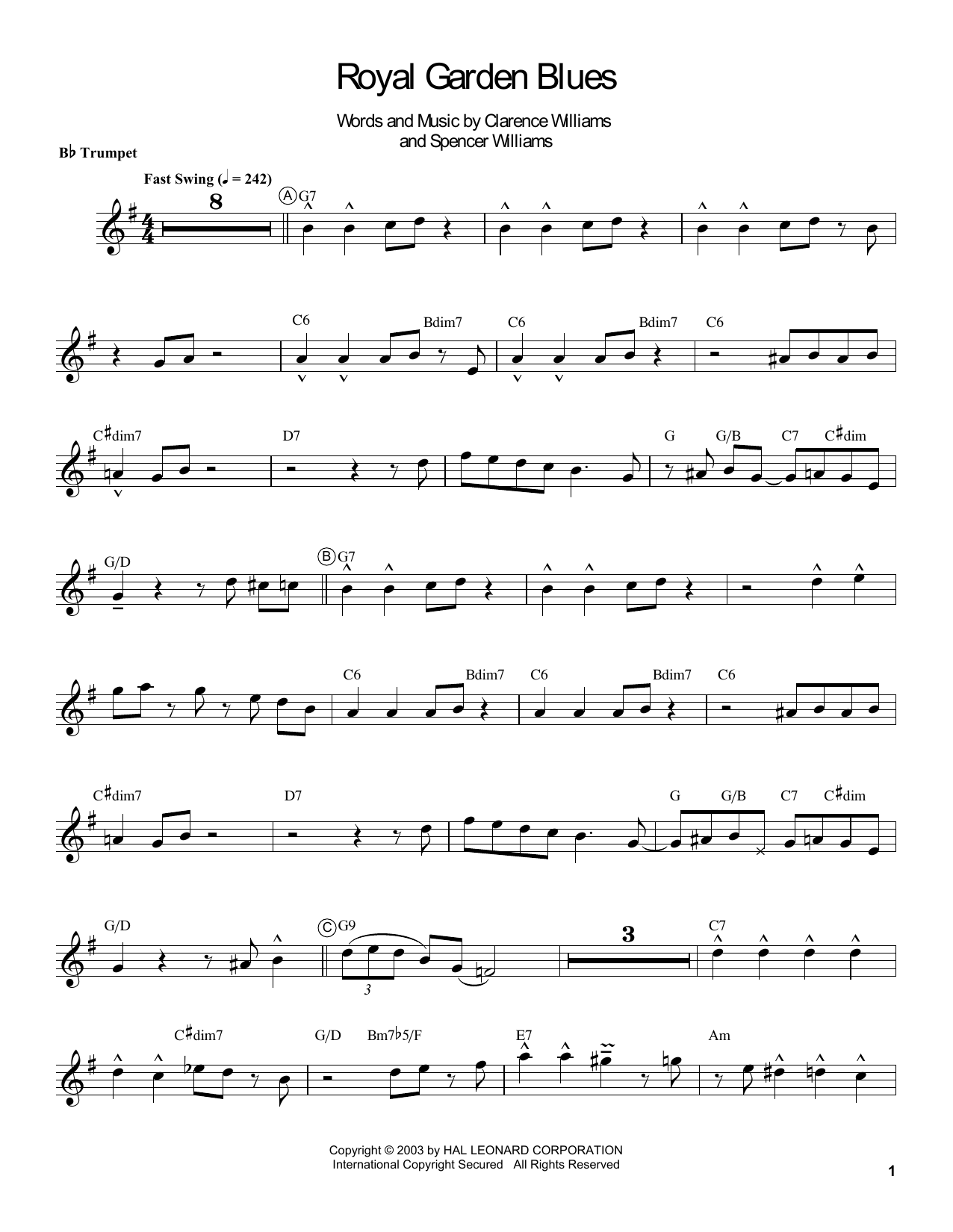 Louis Armstrong Royal Garden Blues sheet music notes and chords. Download Printable PDF.