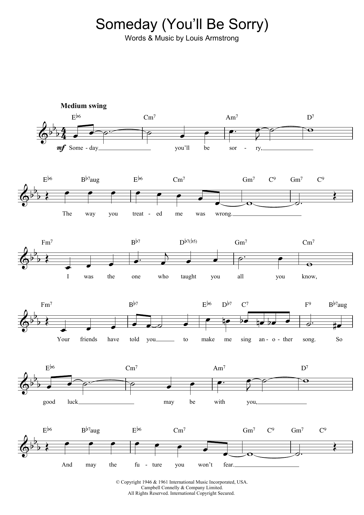 Louis Armstrong Someday (You'll Be Sorry) sheet music notes and chords. Download Printable PDF.