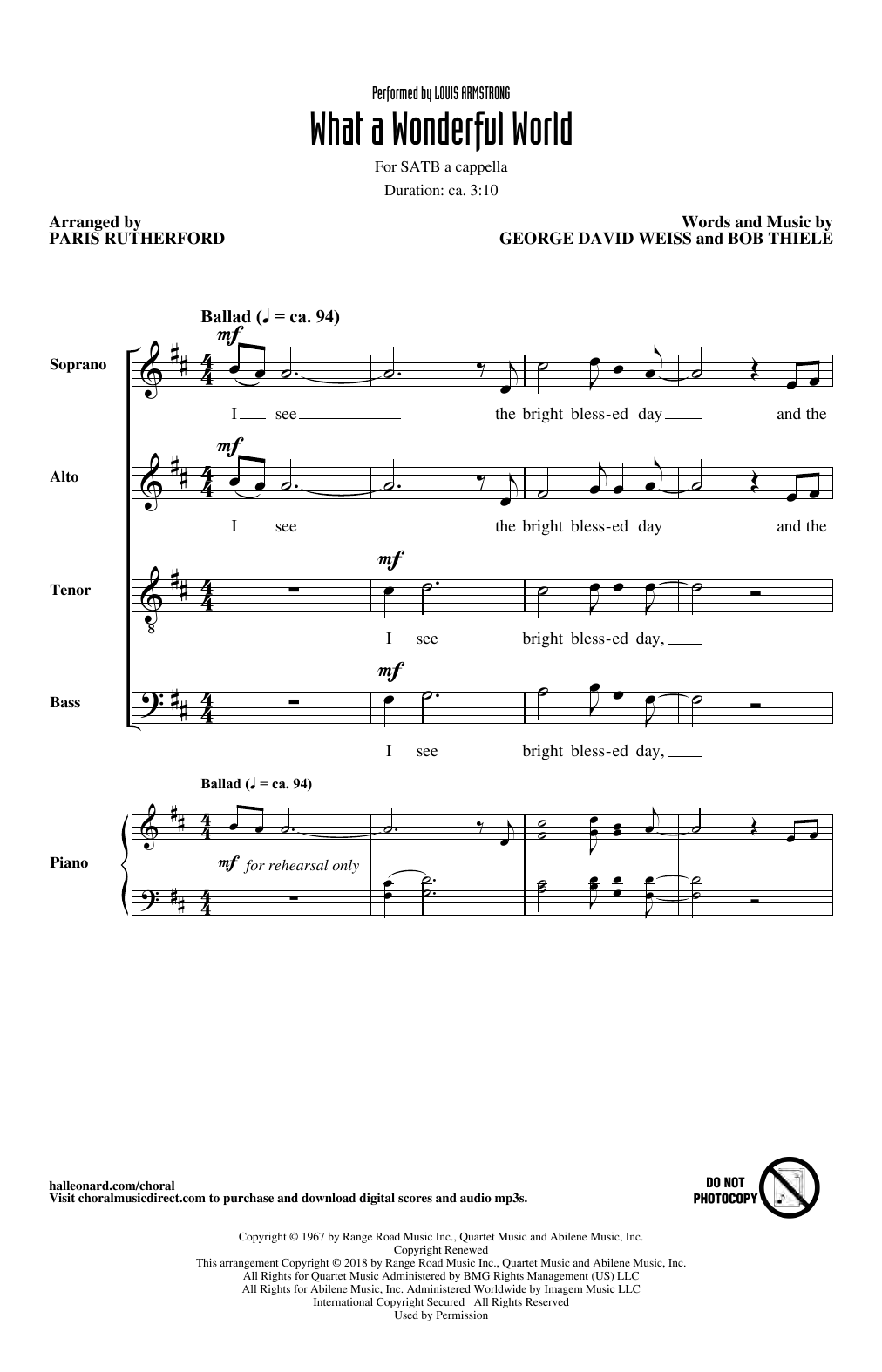 Learn to play Louis Armstrong What A Wonderful World (arr. Paris Rutherford) sheet music for SATB Choir in minutes. Price: 3.9900$ Louis Armstrong What A Wonderful World (arr. Paris Rutherford) sheet music notes and chords arranged for SATB Choir