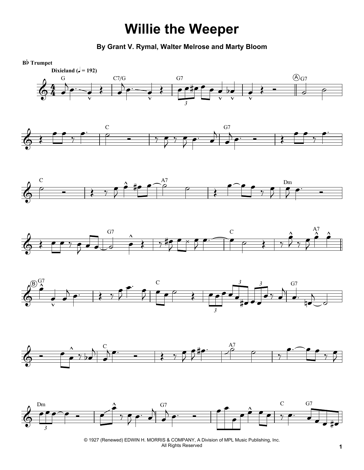 Louis Armstrong Willie The Weeper sheet music notes and chords arranged for Trumpet Transcription