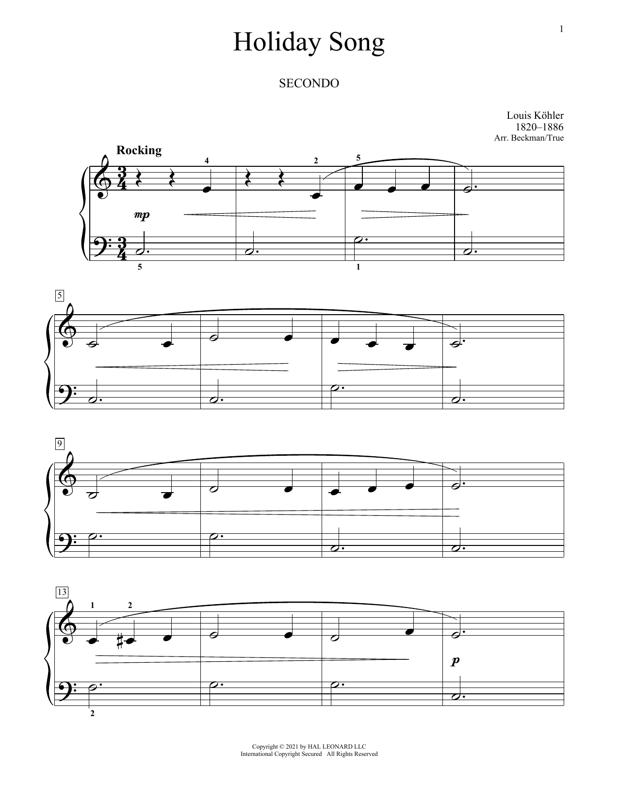 Louis Kohler Holiday Song sheet music notes and chords. Download Printable PDF.