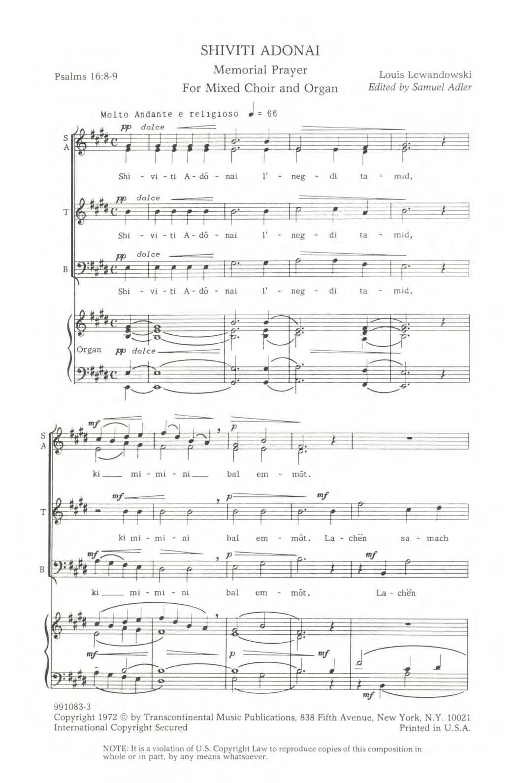 Louis Lewandowski Shiviti Adonai sheet music notes and chords. Download Printable PDF.