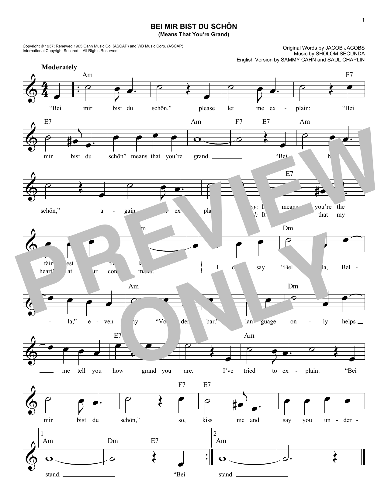 Learn to play Louis Prima & Keely Smith Bei Mir Bist Du Schon (Means That You're Grand) sheet music for Lead Sheet / Fake Book in minutes. Louis Prima & Keely Smith Bei Mir Bist Du Schon (Means That You're Grand) sheet music notes and chords. Download Printable PDF.