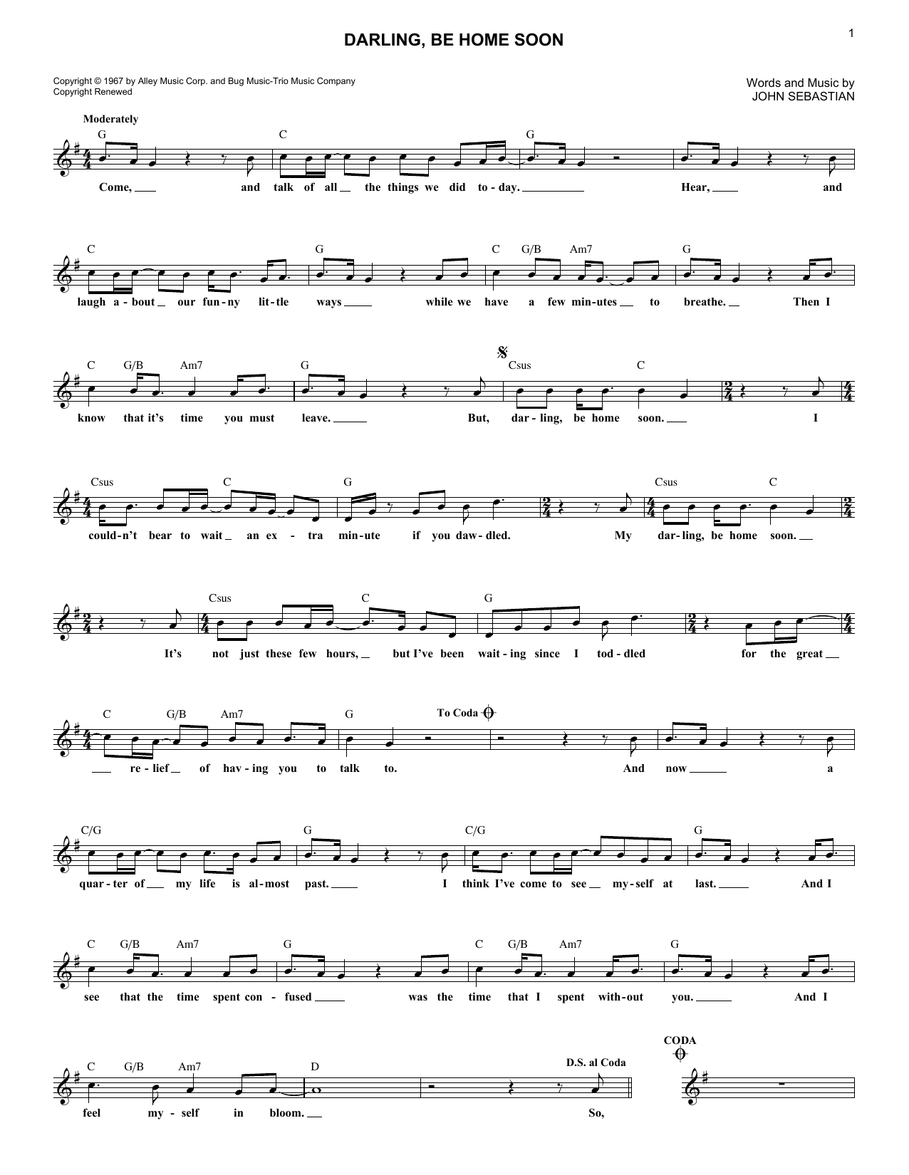 Lovin' Spoonful Darling, Be Home Soon sheet music notes and chords. Download Printable PDF.