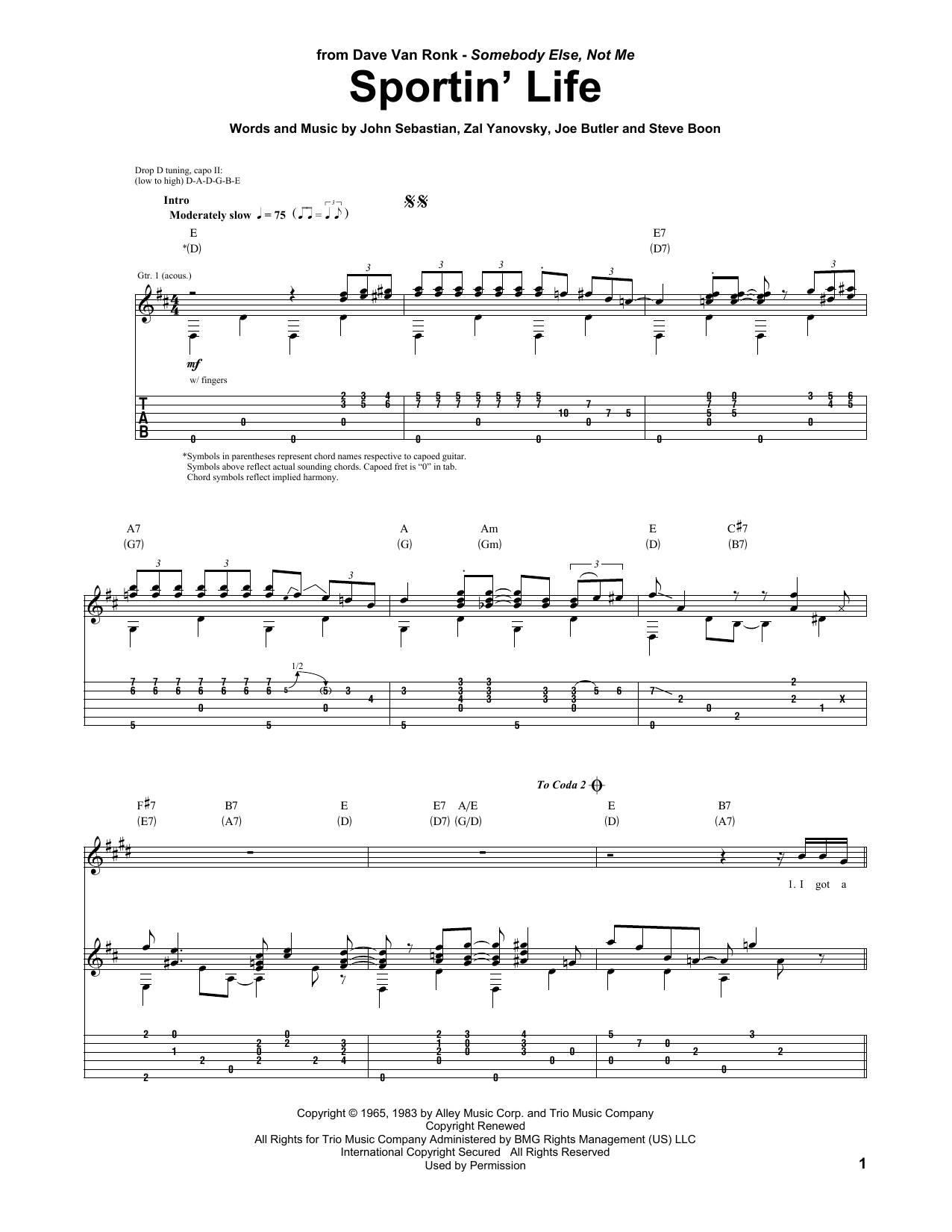 Lovin' Spoonful Sportin' Life sheet music notes and chords. Download Printable PDF.