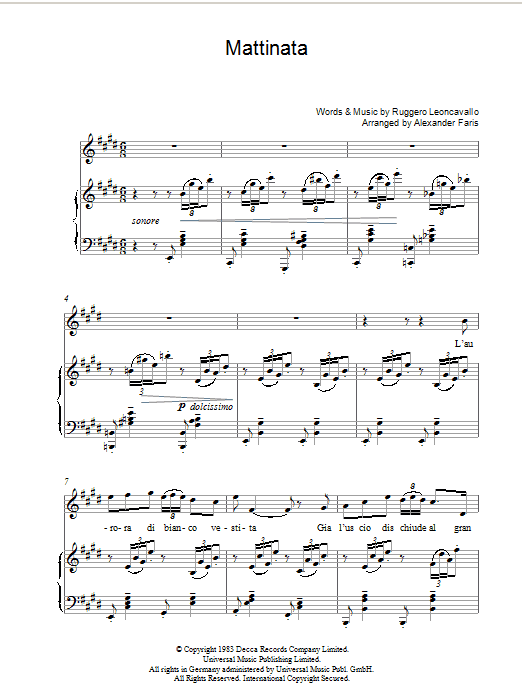 Luciano Pavarotti Mattinata sheet music notes and chords. Download Printable PDF.