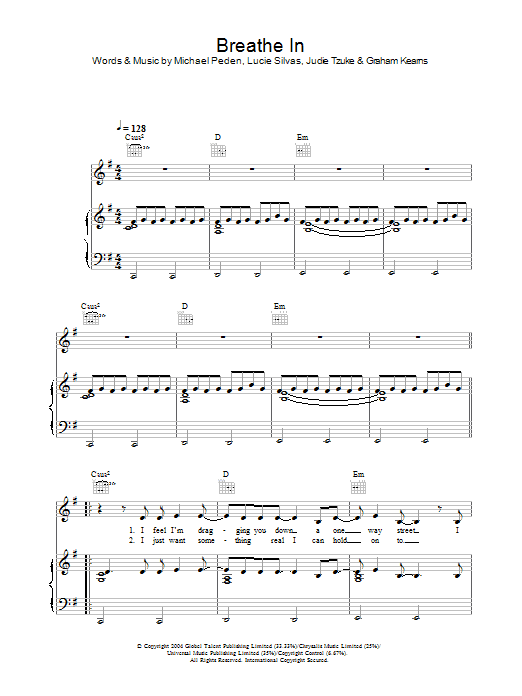 Lucie Silvas Breathe In sheet music notes and chords. Download Printable PDF.