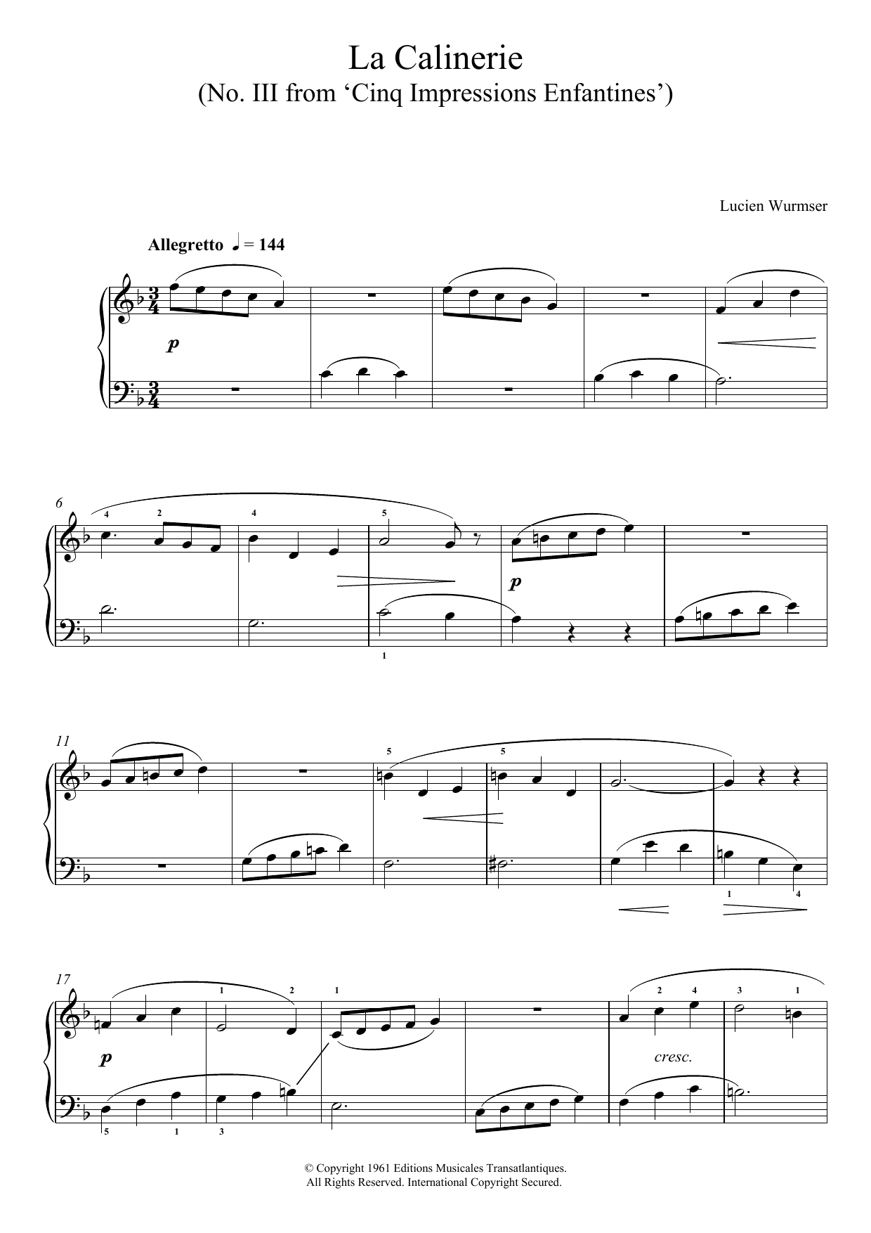 Learn to play Lucien Wurmser La Calinerie (No. III From 'Cinq Impressions Enfantines') sheet music for Piano Solo in minutes. Lucien Wurmser La Calinerie (No. III From 'Cinq Impressions Enfantines') sheet music notes and chords. Download Printable PDF.