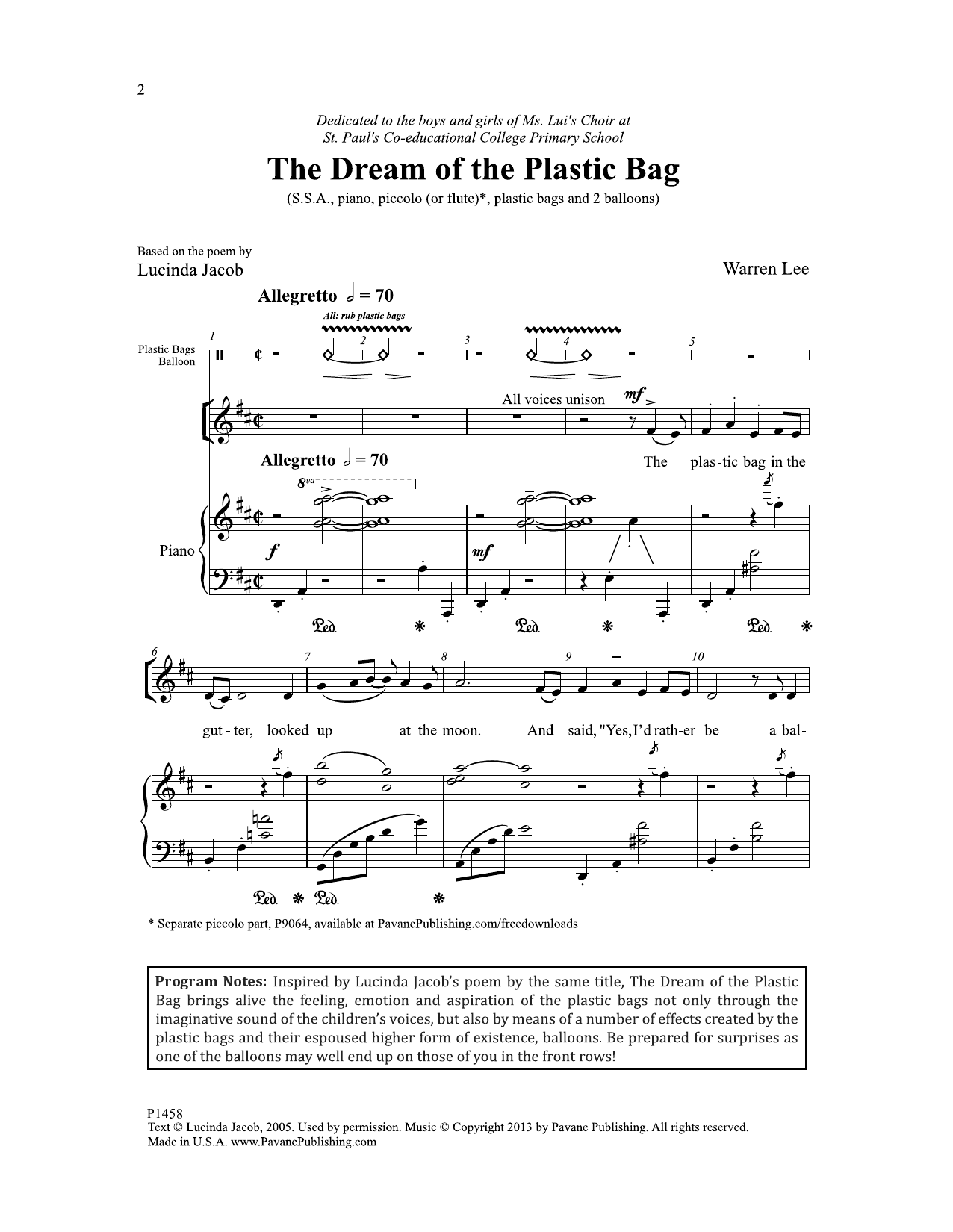 Learn to play Lucinda Jacob The Dream of the Plastic Bag sheet music for SSA Choir in minutes. Price: 3.9900$ Lucinda Jacob The Dream of the Plastic Bag sheet music notes and chords arranged for SSA Choir