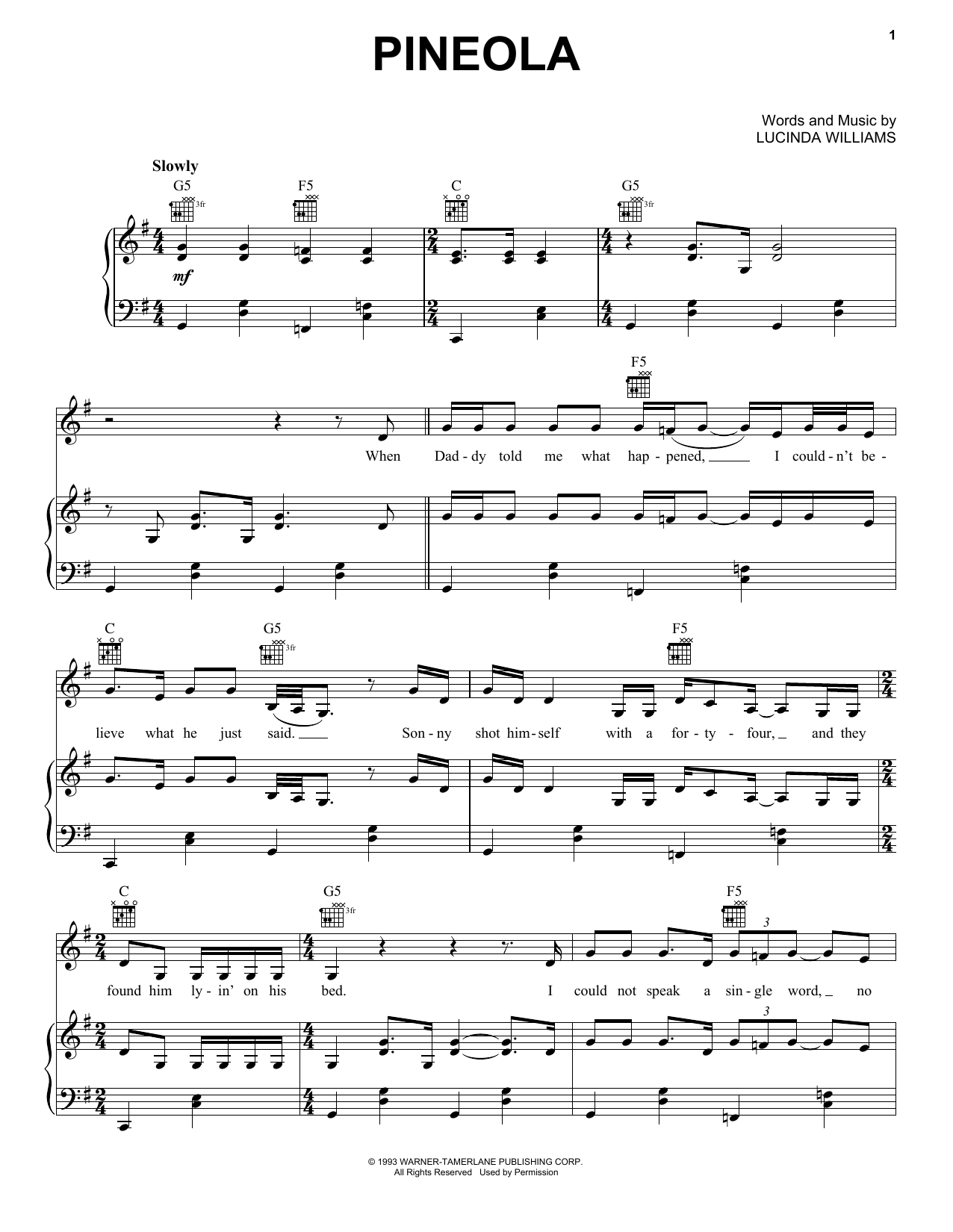 Lucinda Williams Pineola sheet music notes and chords. Download Printable PDF.