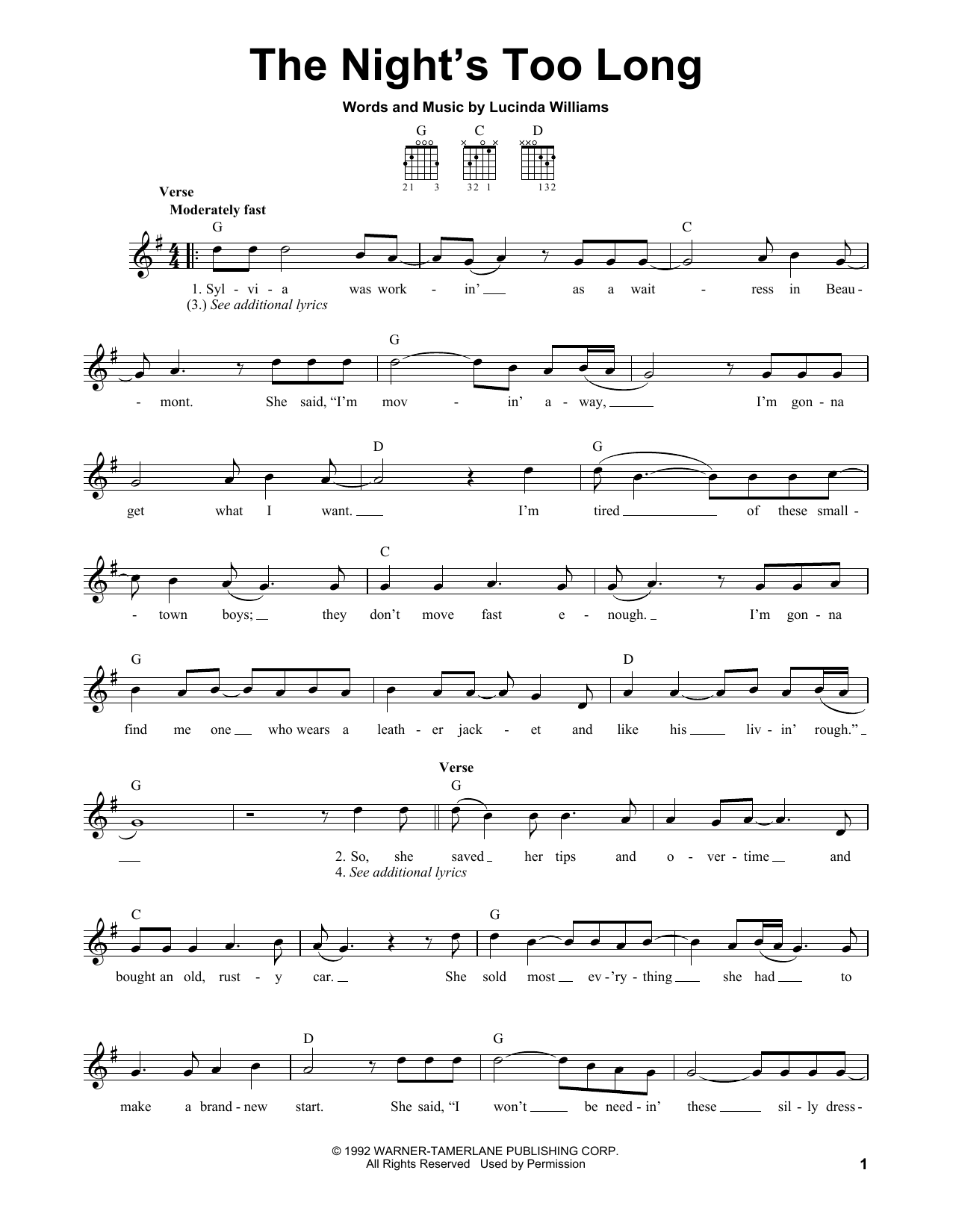 Learn to play Lucinda Williams The Night's Too Long sheet music for Guitar Chords/Lyrics in minutes. Lucinda Williams The Night's Too Long sheet music notes and chords. Download Printable PDF.