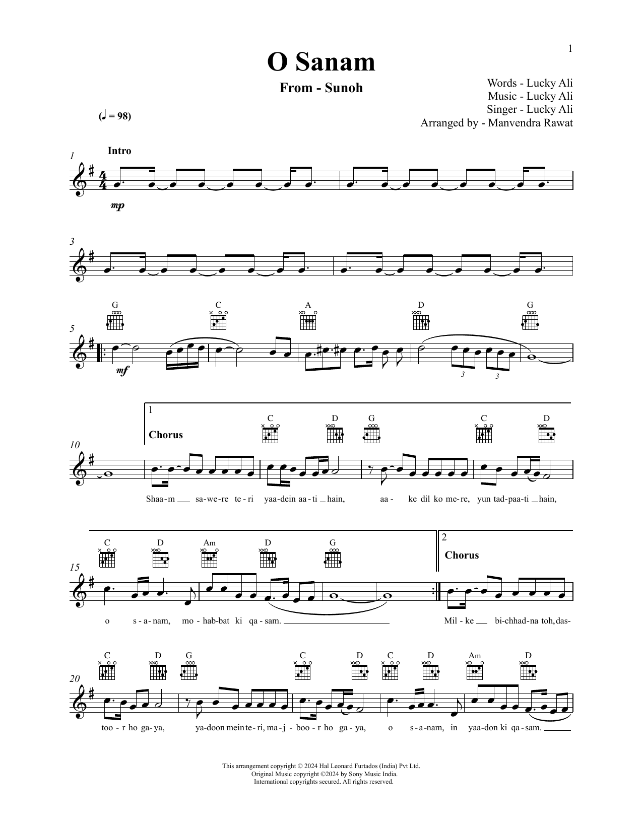 LUCKY ALI O Sanam sheet music notes and chords. Download Printable PDF.