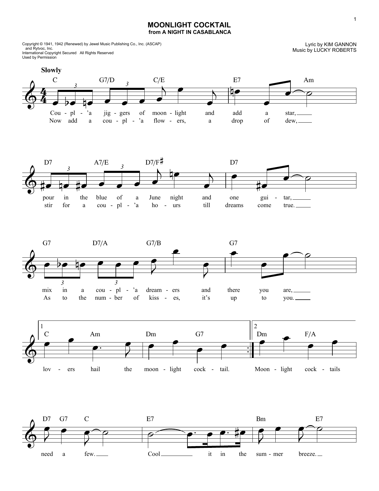 Lucky Roberts Moonlight Cocktail sheet music notes and chords. Download Printable PDF.