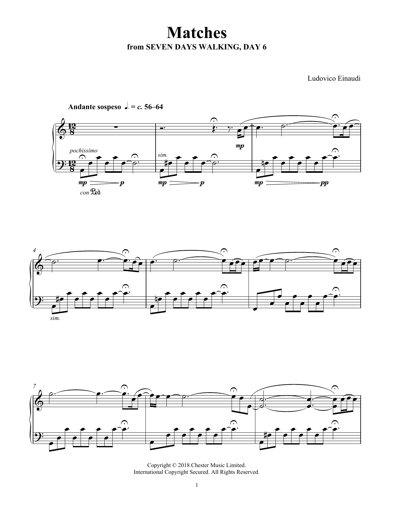 Learn to play Ludovico Einaudi Matches (from Seven Days Walking: Day 6) sheet music for Piano Solo in minutes. Ludovico Einaudi Matches (from Seven Days Walking: Day 6) sheet music notes and chords. Download Printable PDF.
