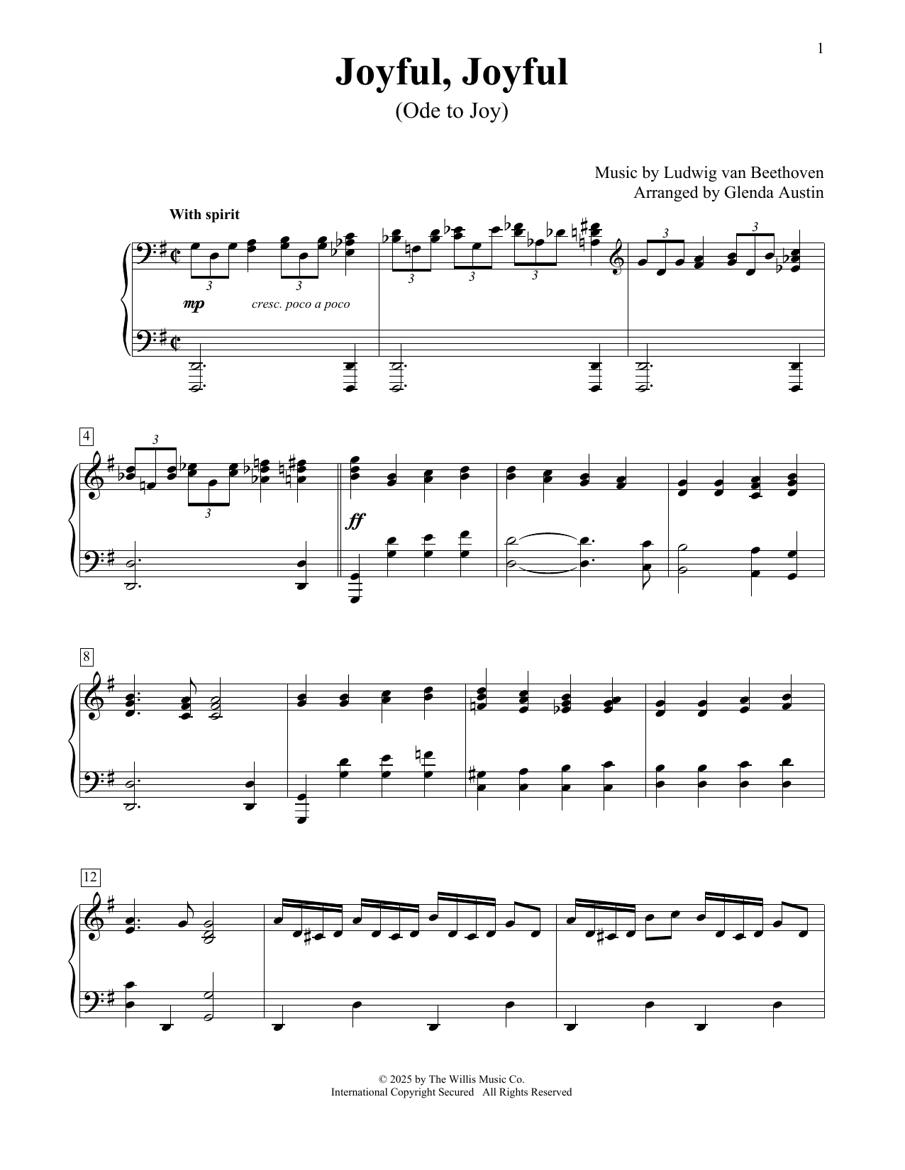 Learn to play Ludwig Van Beethoven Joyful, Joyful (Ode To Joy) (arr. Glenda Austin) sheet music for Educational Piano in minutes. Price: 6.9900$ Ludwig Van Beethoven Joyful, Joyful (Ode To Joy) (arr. Glenda Austin) sheet music notes and chords arranged for Educational Piano