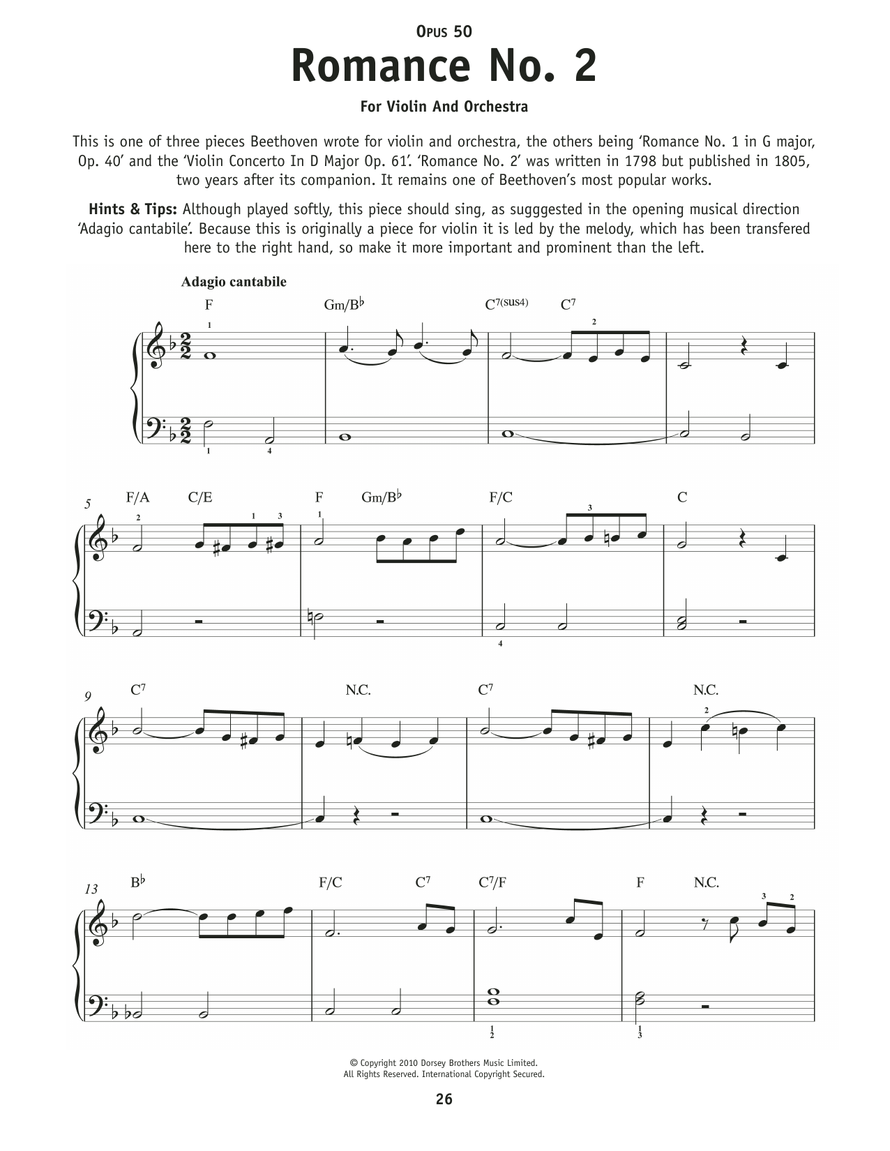 Ludwig Van Beethoven Romance No. 2 In F Major, Op. 50 sheet music notes and chords arranged for Really Easy Piano