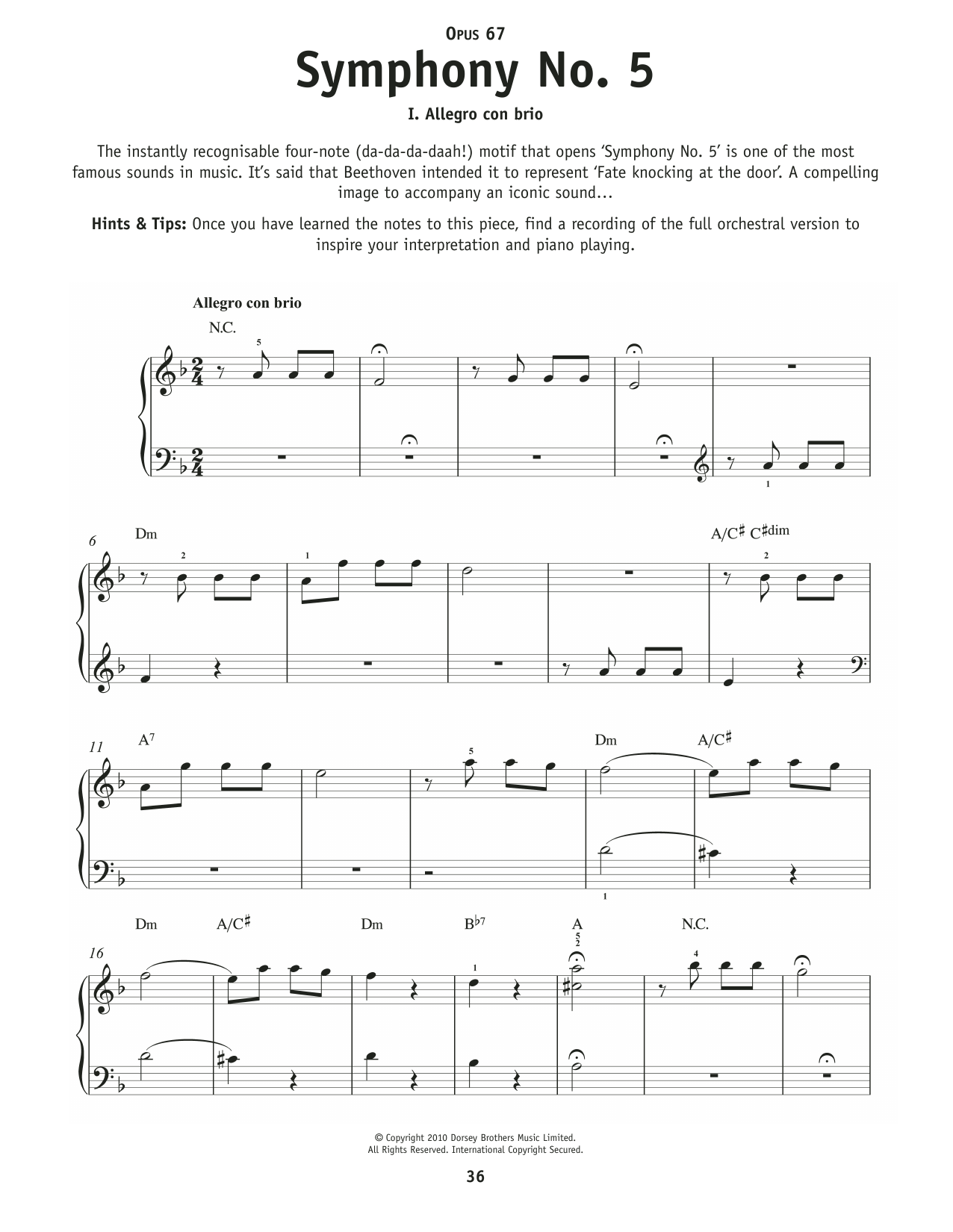 Ludwig Van Beethoven Symphony No. 5 In C Minor, First Movement Excerpt sheet music notes and chords arranged for Really Easy Piano