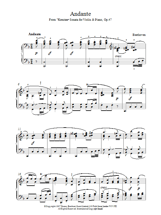 Ludwig van Beethoven "Andante from Violin No. 9 (Kreutzer)" Sheet Music PDF Notes, Chords | Classical Score Piano Solo SKU: 15471