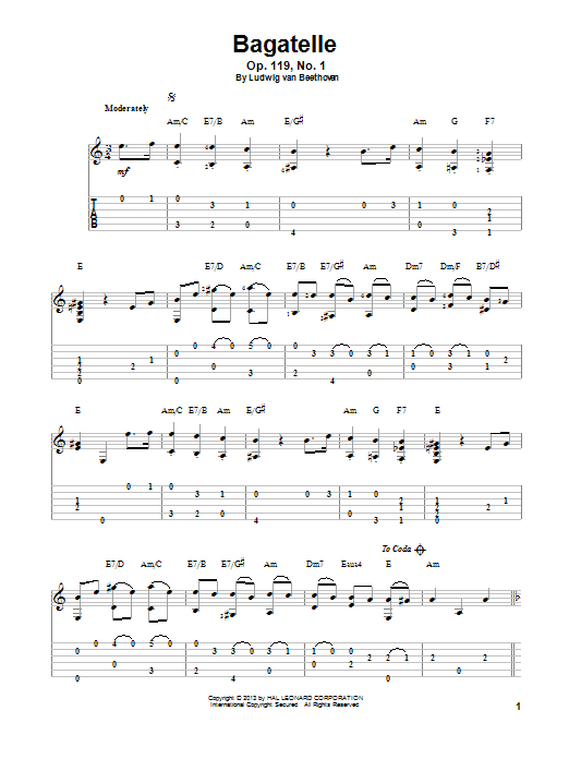 Learn to play Ludwig van Beethoven Bagatelle, Op. 119, No. 1 sheet music for Guitar Tab in minutes. Ludwig van Beethoven Bagatelle, Op. 119, No. 1 sheet music notes and chords