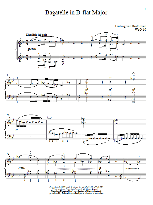 Learn to play Ludwig van Beethoven Bagatelle In B-flat Major, Woo 60 sheet music for Piano Solo in minutes. Price: 6.9900$ Ludwig van Beethoven Bagatelle In B-flat Major, Woo 60 sheet music notes and chords arranged for Piano Solo