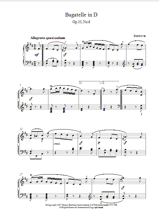 Ludwig van Beethoven Bagatelle In D Major, Op.33 No.6 sheet music notes and chords. Download Printable PDF.