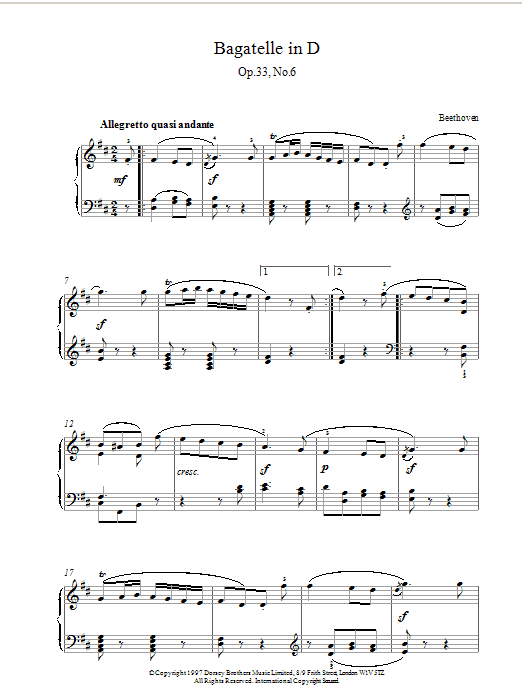 Learn to play Ludwig van Beethoven Bagatelle In D Major, Op.33 No.6 sheet music for Piano Solo in minutes. Price: 6.9900$ Ludwig van Beethoven Bagatelle In D Major, Op.33 No.6 sheet music notes and chords. Download Printable PDF.