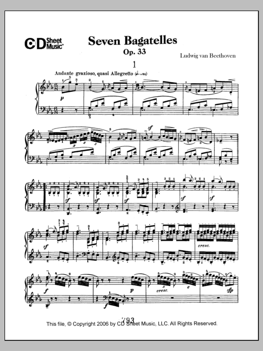 Learn to play Ludwig van Beethoven Bagatelles (7), Op. 33 sheet music for Piano Solo in minutes. Price: 6.9900$ Ludwig van Beethoven Bagatelles (7), Op. 33 sheet music notes and chords arranged for Piano Solo