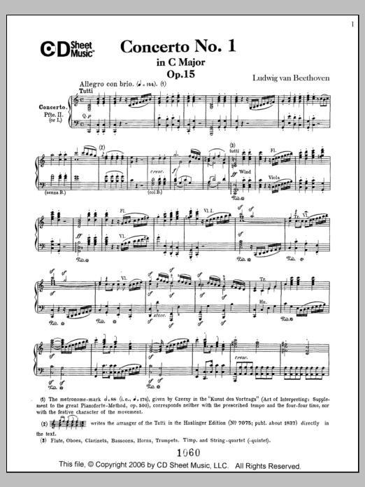 Learn to play Ludwig van Beethoven Concerto No. 1 in C Major, Op. 15 sheet music for Piano Solo in minutes. Price: 6.9900$ Ludwig van Beethoven Concerto No. 1 in C Major, Op. 15 sheet music notes and chords arranged for Piano Solo