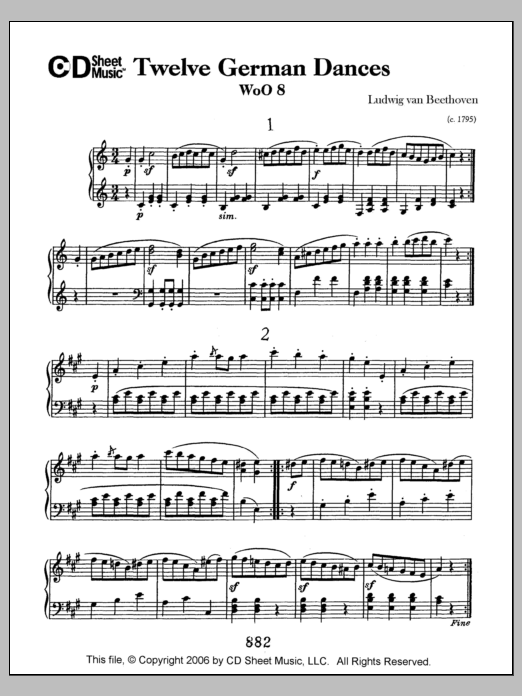 Learn to play Ludwig van Beethoven German Dances (12), Woo 8 sheet music for Piano Solo in minutes. Price: 6.9900$ Ludwig van Beethoven German Dances (12), Woo 8 sheet music notes and chords arranged for Piano Solo