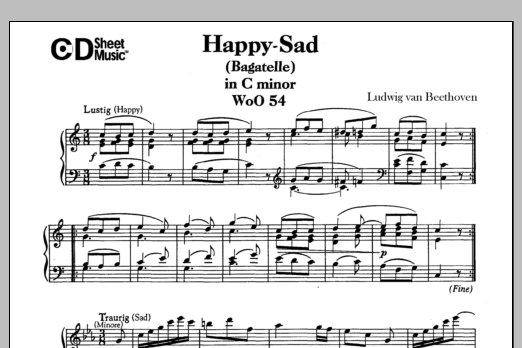 Learn to play Ludwig van Beethoven Happy-sad (bagatelle) In C Major (lustig-traurig), Woo 54 sheet music for Piano Solo in minutes. Price: 6.9900$ Ludwig van Beethoven Happy-sad (bagatelle) In C Major (lustig-traurig), Woo 54 sheet music notes and chords arranged for Piano Solo