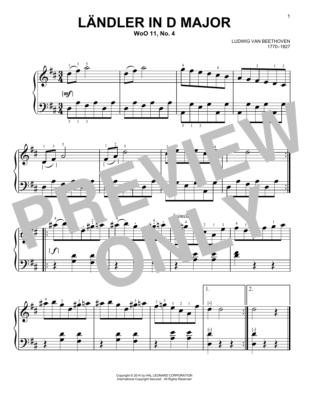 Ludwig van Beethoven Landler sheet music notes and chords. Download Printable PDF.