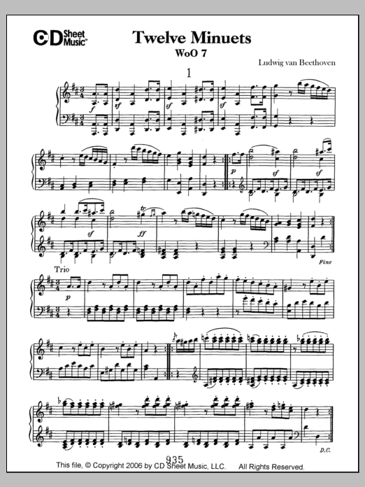 Learn to play Ludwig van Beethoven Minuets (12), Woo 7 sheet music for Piano Solo in minutes. Price: 6.9900$ Ludwig van Beethoven Minuets (12), Woo 7 sheet music notes and chords arranged for Piano Solo