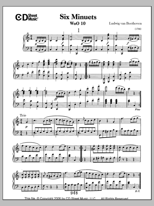 Learn to play Ludwig van Beethoven Minuets (6), Woo 10 sheet music for Piano Solo in minutes. Price: 6.9900$ Ludwig van Beethoven Minuets (6), Woo 10 sheet music notes and chords arranged for Piano Solo