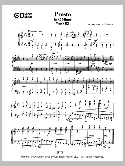 Learn to play Ludwig van Beethoven Presto In C Minor, Woo 52 sheet music for Piano Solo in minutes. Price: 6.9900$ Ludwig van Beethoven Presto In C Minor, Woo 52 sheet music notes and chords arranged for Piano Solo