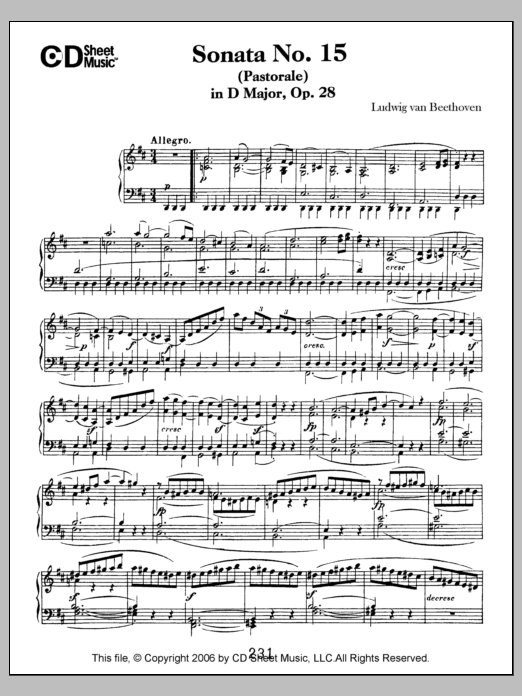 Learn to play Ludwig van Beethoven Sonata No. 15 In D Major (pastorale), Op. 28 sheet music for Piano Solo in minutes. Price: 6.9900$ Ludwig van Beethoven Sonata No. 15 In D Major (pastorale), Op. 28 sheet music notes and chords arranged for Piano Solo