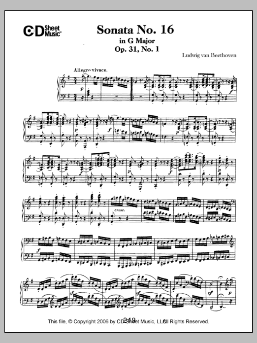 Learn to play Ludwig van Beethoven Sonata No. 16 In G Major, Op. 31, No. 1 sheet music for Piano Solo in minutes. Price: 6.9900$ Ludwig van Beethoven Sonata No. 16 In G Major, Op. 31, No. 1 sheet music notes and chords arranged for Piano Solo