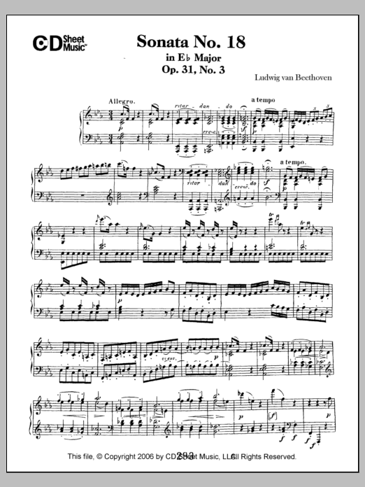 Learn to play Ludwig van Beethoven Sonata No. 18 In E-flat Major, Op. 31, No. 3 sheet music for Piano Solo in minutes. Price: 6.9900$ Ludwig van Beethoven Sonata No. 18 In E-flat Major, Op. 31, No. 3 sheet music notes and chords arranged for Piano Solo