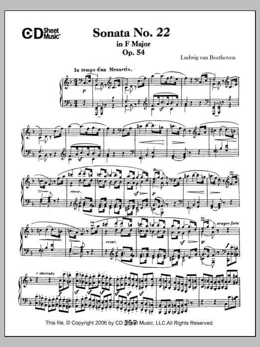 Learn to play Ludwig van Beethoven Sonata No. 22 In F Major, Op. 54 sheet music for Piano Solo in minutes. Price: 6.9900$ Ludwig van Beethoven Sonata No. 22 In F Major, Op. 54 sheet music notes and chords arranged for Piano Solo