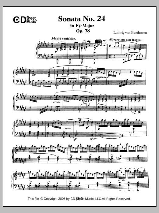 Learn to play Ludwig van Beethoven Sonata No. 24 In F-sharp Major, Op. 78 sheet music for Piano Solo in minutes. Price: 6.9900$ Ludwig van Beethoven Sonata No. 24 In F-sharp Major, Op. 78 sheet music notes and chords arranged for Piano Solo
